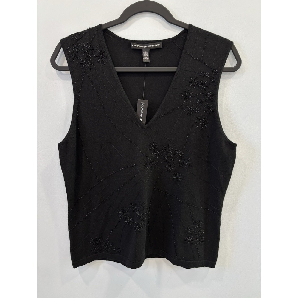 Ellen Tracy Company Black Beaded Silk Cashmere Blend Sleeveless V Neck Top NWT - Picture 3 of 10